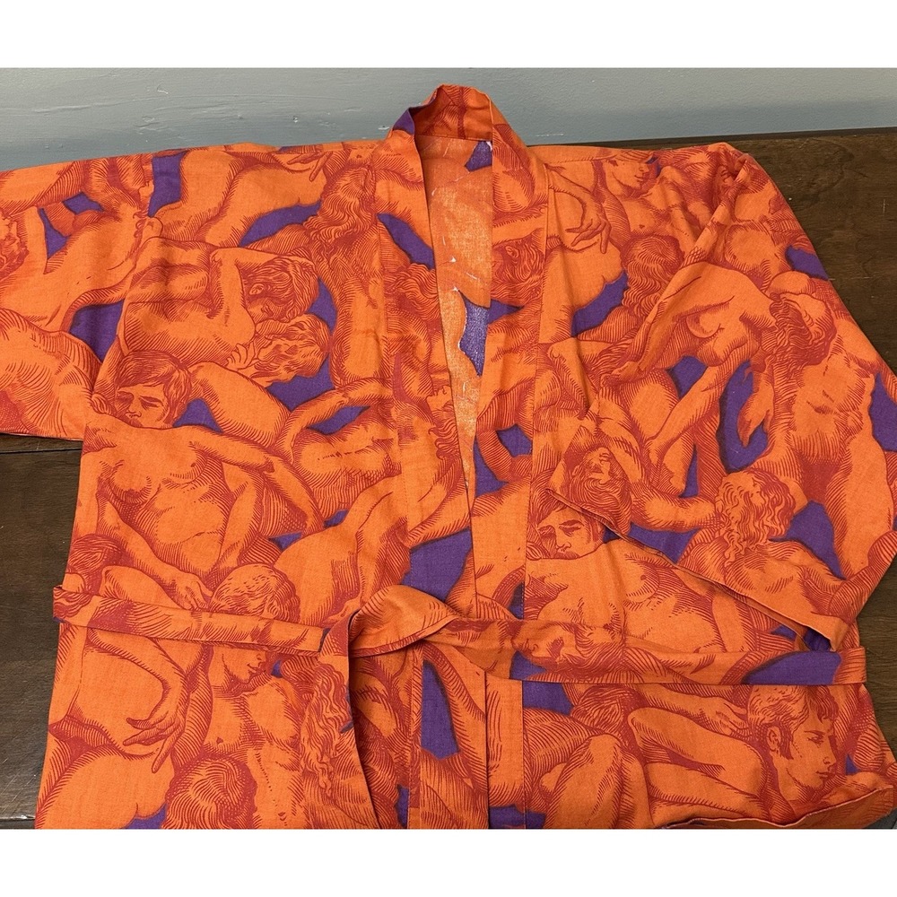 Vtg Unique MCM Fabric Smoking Jacket Robe Nudes Kama Sutra Male Female Unisex
